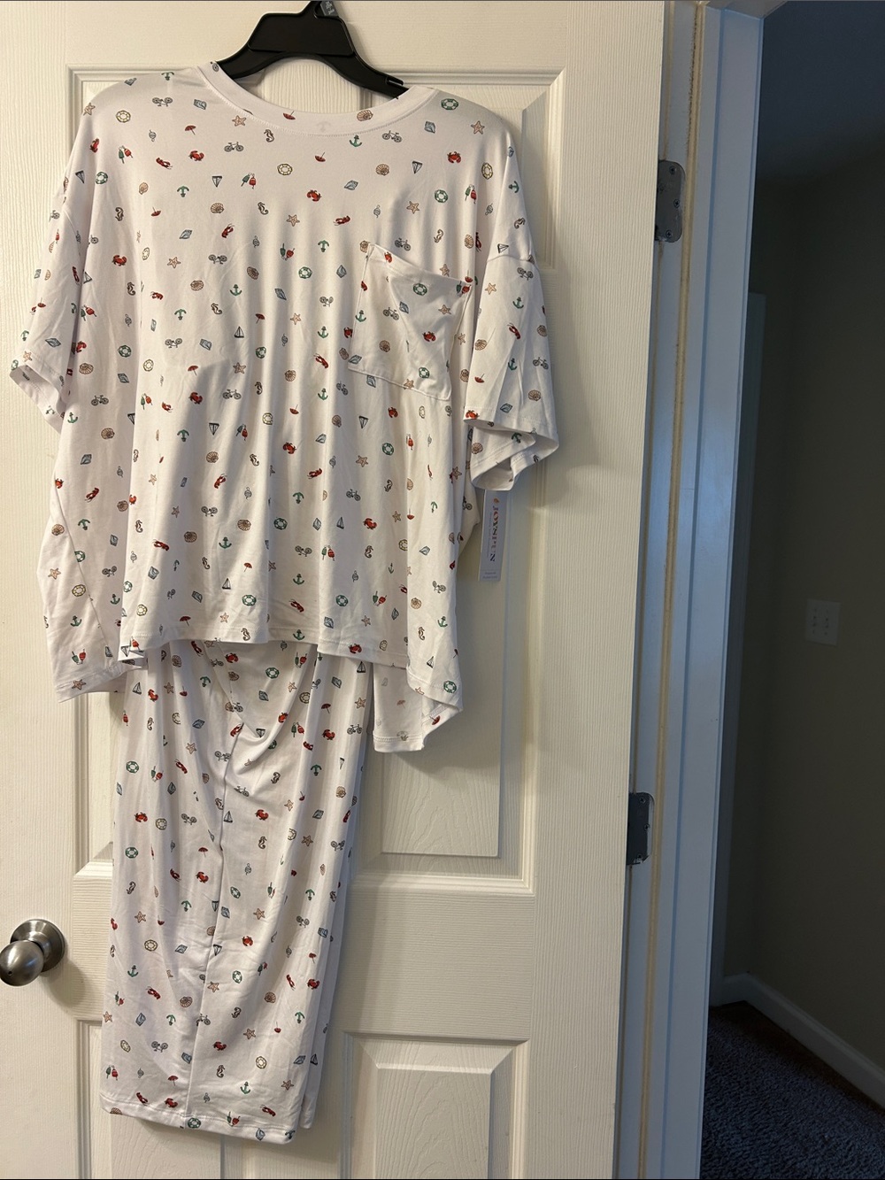 Women’s White Short-Sleeve Pajama Set with Red, Green & Blue Icons
